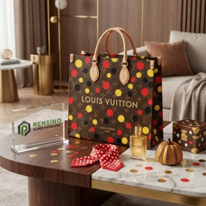 Saco de Papel para Presentes Louis Vuitton com Pontos Vermelhos e Amarelos e Logotipo, Adequado para Presentes, Varejo ou Embalagem de Alimentos, Design Personalizado Disponível