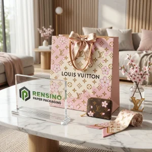 Pink Louis Vuitton Gift Paper Bag with Floral Pattern and Ribbon Handle, Suitable for Gift, Retail, or Cosmetic Packaging, Custom Design Available