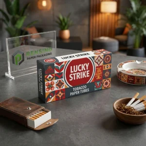 Emballage en tube en papier coloré avec texte imprimé LUCKY STRIKE et motif géométrique, adapté pour le tabac ou l'emballage cadeau, service OEM/ODM disponible