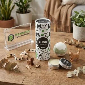 Tubo de papel de tela impresa blanca con patrón de perro y gato de dibujos animados, adecuado para embalaje de tela, impresión de logotipo personalizada disponible