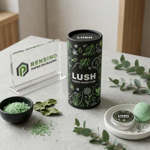 हरे और सफेद फूलों के पैटर्न और प्रिंटेड LUSH टेक्स्ट के साथ काले कपड़े का पेपर ट्यूब, कपड़े की पैकेजिंग के लिए उपयुक्त, OEM/ODM सेवा उपलब्ध