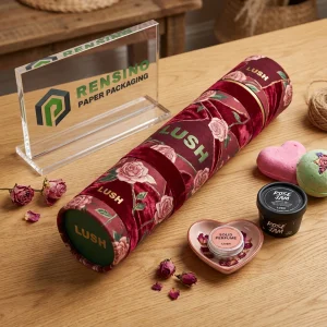 Confezione in tubo di carta floreale bordeaux con testo stampato “LUSH”, adatta per confezioni di tessuti, design personalizzato disponibile