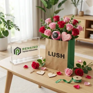 Sacola de Papel Marrom Luxuosa com Rosas e Logotipo Impresso, Adequada para Presente, Varejo ou Embalagem Floral, Design Personalizado Disponível