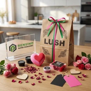 تغليف حقيبة ورقية بنية مع ورود مطبوعة ونص “LUSH”، مناسب للتغليف الهدايا أو مستحضرات التجميل، خدمة OEM/ODM متاحة