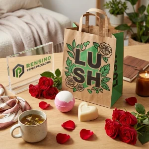 حقيبة ورقية كرافت بنية مع طباعة زهور خضراء وسوداء ونص LUSH، مناسبة لتغليف الهدايا أو البيع، طباعة شعار مخصصة متاحة