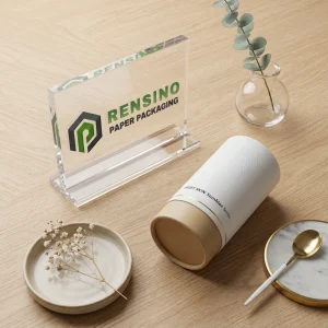 Embalagem de Tubo de Papel Branca e Bege com Padrão Relevo e Texto Impresso, Adequada para Embalagem de Presentes ou Cosméticos, Design Personalizado Disponível