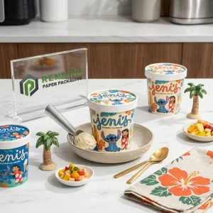 Tazza di imballaggio per gelato in cartone stampato con personaggio dei cartoni animati colorato e motivo floreale, adatta per imballaggio alimentare, stampa logo personalizzata disponibile