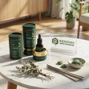 Empaque de tubo de papel verde y dorado con texto impreso e ilustración botánica, adecuado para empaques cosméticos o de regalo, servicio OEM/ODM disponible