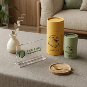 Tubo de papel amarillo y verde con cabeza de águila impresa y texto “LOVELLA”, adecuado para empaques de regalo o venta al por menor, diseño personalizado disponible