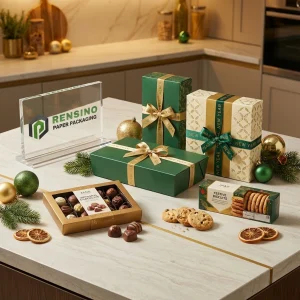 Boîtes d'emballage cadeau jetables vertes et dorées avec ruban et motifs de biscuits et de chocolat, adaptées pour l'emballage alimentaire ou cadeau, impression de logo personnalisée disponible