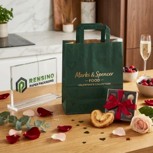 Bolsas de papel desechables para alimentos de color verde oscuro con corazones impresos y texto “Marks & Spencer FOOD VALENTINE’S COLLECTION”, diseño personalizado disponible