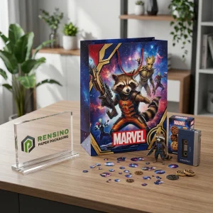 Sacchetto di carta Marvel colorato con personaggi dei cartoni animati stampati e logo, adatto per regali o imballaggio al dettaglio, stampa logo personalizzata disponibile