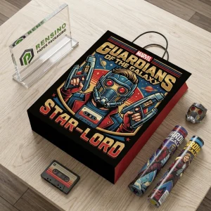 Scatola regalo rigida di carta Marvel nera e rossa con illustrazione stampata di Star-Lord dei Guardiani della Galassia, adatta per imballaggio di regali o al dettaglio, stampa logo personalizzata disponibile