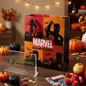 Borsa di carta MARVEL arancione e rossa con motivo a silhouette di Halloween, adatta per imballaggio regalo o al dettaglio, stampa del logo personalizzata disponibile