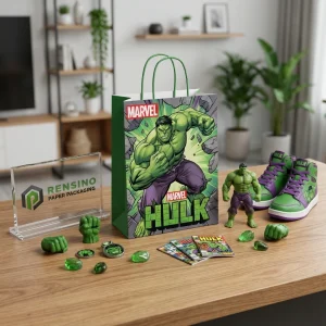 Sacchetto di carta verde MARVEL con stampa del fumetto di Hulk, adatto per imballaggi regalo o retail, stampa del logo personalizzata disponibile