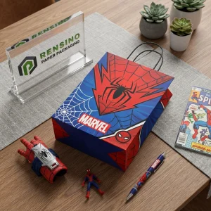 Sacchetto di carta blu e rosso Marvel con motivo di ragnatela e ragno, adatto per confezioni regalo o vendita al dettaglio, stampa logo personalizzata disponibile
