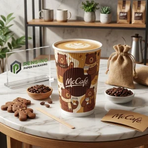 Bedruckter Pappbecher mit Bärenillustration und McCaf-Branding, geeignet für Getränke-, Geschenk- oder Einzelhandelsverpackungen, OEM/ODM-Service verfügbar