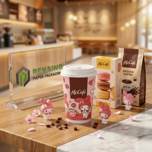 Gobelet en papier rose et marron avec texte McCafe imprimé et personnages de dessins animés mignons, adapté pour l'emballage de nourriture ou de boissons, service OEM/ODM disponible
