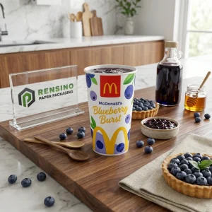 Tazza per bevande in carta bianca con mirtillo e testo stampato di McDonald’s per imballaggio di bevande, servizio OEM/ODM disponibile