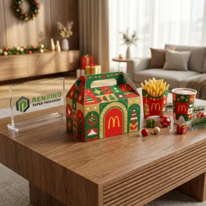 Boîte d'emballage jetable verte et rouge avec motif de Noël et logo McDonald's, adaptée à l'emballage alimentaire, impression de logo personnalisée disponible