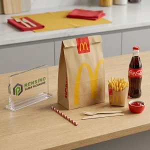 Bolsa de papel kraft marrón con logo impreso en amarillo y rojo, adecuada para empaques de alimentos, diseño personalizado disponible