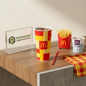 Red and Yellow Paper Packaging Container with Printed Letter M and Checkered Pattern for Food Packaging, Custom Design Available