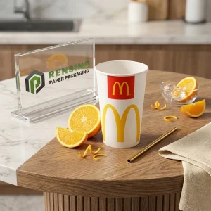 Tazza di Carta Bianca con Logo Stampato Giallo e Rosso Adatta per Imballaggio di Bevande Design Personalizzato Disponibile