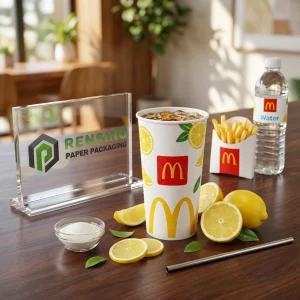 Bicchiere di carta bianco con motivo limone e testo stilizzato stampato per imballaggio di bevande, design personalizzato disponibile