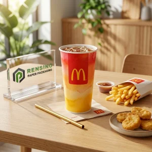 Red and Yellow Paper Beverage Cup with Printed Logo and Gradient Pattern, Suitable for Beverage Packaging, Custom Design Available