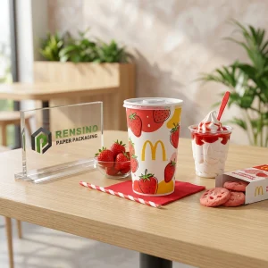 Copo de Papel com Padrão de Morango Impresso com Tampa e Manga de Papel, Adequado para Embalagem de Bebidas ou Alimentos, Design Personalizado Disponível