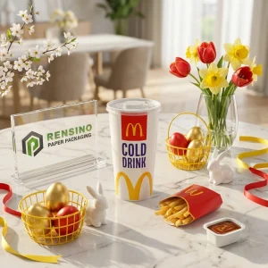 Bicchiere di carta bianco per bevande fredde con logo rosso e giallo stampato e contenitore per patatine fritte in carta rossa, adatto per imballaggi di bevande o alimenti, servizio OEM/ODM disponibile
