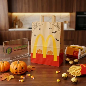 Braune und rote Einweg Lebensmittel Papier Taschen mit Halloween Kürbis, Spinnennetz und Fledermaus Muster, Individueller Logo-Druck verfügbar