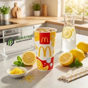 Red and Yellow Printed Paper Beverage Cup with Lemon and Ice Cube Illustrations, Suitable for Beverage Packaging, Custom Logo Printing Available