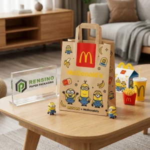 Bolsa de regalo de papel kraft con personajes de Minions y el logo de McDonald's, adecuada para regalos, venta al por menor, alimentos o empaques cosméticos, diseño personalizado disponible