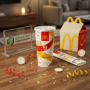 スタイライズされたテキストと数字のパターンが印刷された黄色と赤の紙パッケージ、食品パッケージ用、カスタムデザイン可能