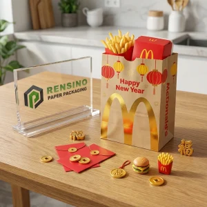 Sacchetti di Carta Alimentare Usa e Getta Kraft con Motivo di Lanterna Rossa e Oro e Testo Stampato “Buon Anno” e “McDonalds”, Design Personalizzato Disponibile