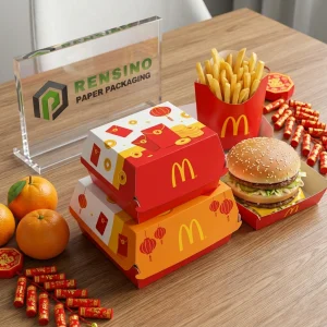 Scatola per Imballaggio Alimentare Usa e Getta Rossa e Arancione con Motivo Lanterne e Monete Stampato, Adatta per Imballaggio Alimentare, Design Personalizzato Disponibile