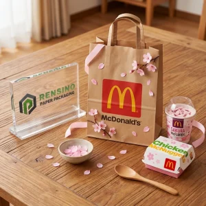 Bolsa de papel kraft con patrón de flores de cerezo para empaques de alimentos y regalos, adecuada para uso en retail o alimentos, impresión de logo personalizada disponible