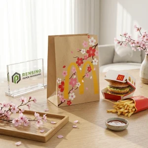 Bolsa de papel kraft con patrón de flores de cerezo y logo de McDonald's, adecuada para regalos, alimentos o empaques minoristas, diseño personalizado disponible