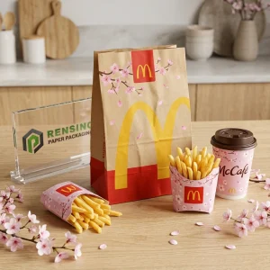 Saco de Papel Kraft com o Logo do McDonald’s e Padrão de Flor de Cerejeira, Adequado para Embalagem de Alimentos, Presentes, Varejo ou Uso Alimentar, Design Personalizado Disponível