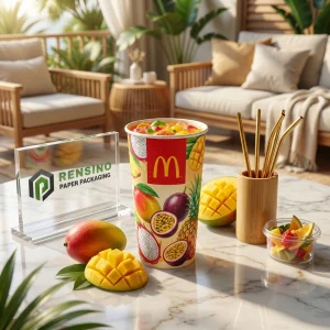 Red and Yellow Printed Paper Packaging Cup with Fruit Illustrations for Beverage Packaging, Custom Design Available