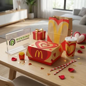 Scatola di imballaggio alimentare usa e getta rossa e kraft con motivo di cuore stampato e logo giallo, adatta per imballaggio alimentare, stampa logo personalizzata disponibile