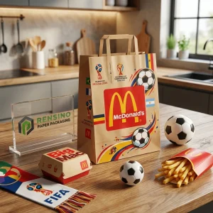 Caja de embalaje de papel impresa con la marca de McDonald’s y patrón de fútbol, adecuada para regalos, alimentos o embalaje minorista, servicio OEM/ODM disponible