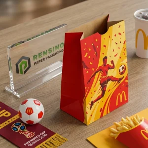 Red and Yellow Paper Bag with Soccer Player Graphic, Customizable Packaging Solution