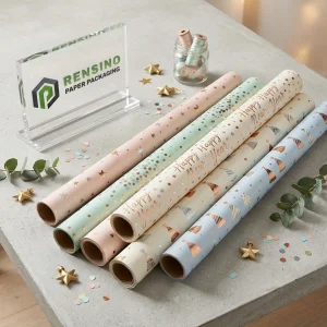 Bedruckte Pastell-Wickelpapierrollen mit Stern- und Feiertagsmustern für Geschenkverpackungen, benutzerdefiniertes Design verfügbar