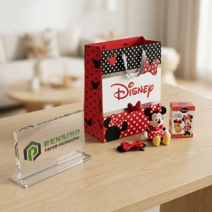 Sacchetto di carta rosso e nero Disney con motivo a pois e Minnie Mouse, adatto per confezioni regalo o vendita al dettaglio, stampa logo personalizzata disponibile