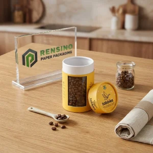 Emballage en tube en papier jaune avec illustration de grains de café pour l'emballage de café, impression de logo personnalisée disponible