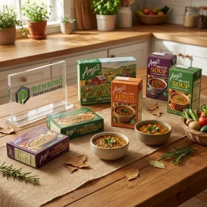 Boîte d'emballage en papier de soupe biologique d'Amy avec des images de légumes, adaptée à l'emballage alimentaire, conception personnalisée et service OEM/ODM disponible