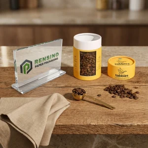 Emballage en tube en papier jaune avec fenêtre transparente pour grains de café