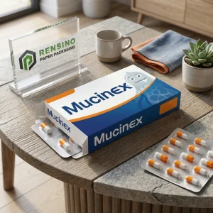 印刷されたMucinexテキストとオレンジカプセルの青い紙箱、医薬品包装に適しており、OEM/ODMサービスが利用可能です